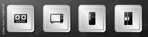 Set Gas stove, Microwave oven, Refrigerator and icon. Silver square button. Vector