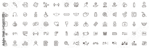 Set of Coronavirus and Vaccine line icons, covid19, Medical mask, health, contagious, epidemic, outbreak, Vector