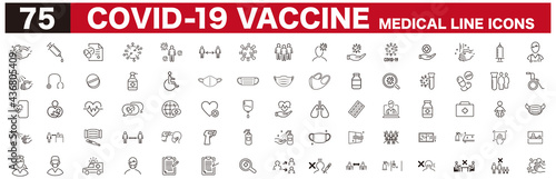 Set of Coronavirus and Vaccine line icons, covid19, Medical mask, health, contagious, epidemic, outbreak, Vector