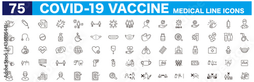 Set of Coronavirus and Vaccine line icons, covid19, Medical mask, health, contagious, epidemic, outbreak, Vector