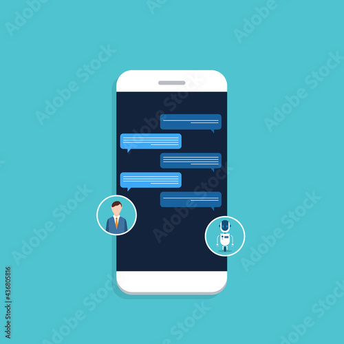 People use chat bot services, smart phone with virtual assistant. Concept of business development, sales increase, help service, customer service robot. Vector illustration	