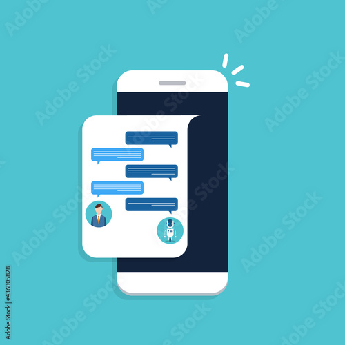 People use chat bot services, smart phone with virtual assistant. Concept of business development, sales increase, help service, customer service robot. Vector illustration	