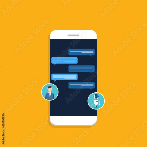 People use chat bot services, smart phone with virtual assistant. Concept of business development, sales increase, help service, customer service robot. Vector illustration	