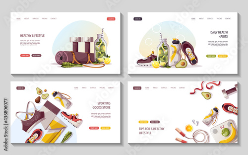 Set of web pages for healthy lifestyle, natural food, sport equipment, fitness, yoga, training, sportswear, sports shop, gym concept. Vector illustration for poster, banner, website, advertising.
