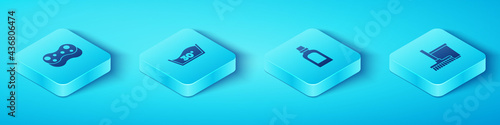 Set Isometric Sponge, Temperature wash, Mop and bucket and Bottle for cleaning agent icon. Vector