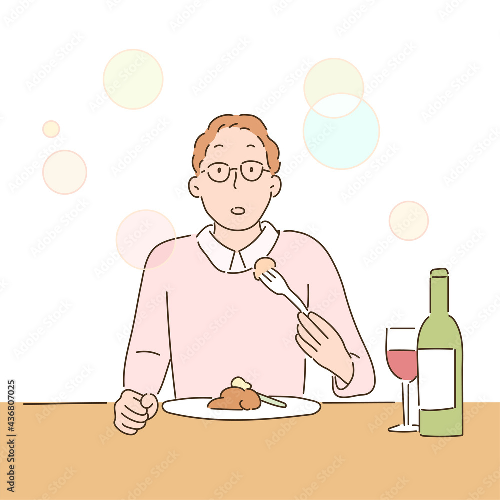 A man has a delicious expression while eating food in a restaurant. hand drawn style vector design illustrations. A man has a delicious expression while eating food in a restaurant. hand drawn style vector design illustrations.