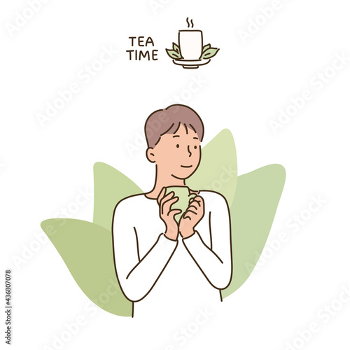 A man holds a teacup and has a relaxed expression. hand drawn style vector design illustrations. 