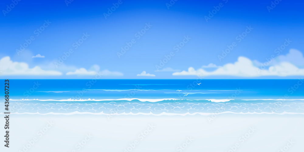 Vector beautiful realistic illustration of sandy summer beach. Summer holidays banner design template