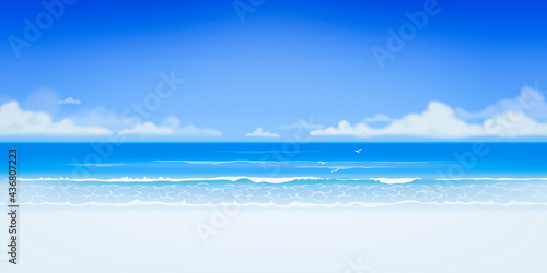 Vector beautiful realistic illustration of sandy summer beach. Summer holidays banner design template