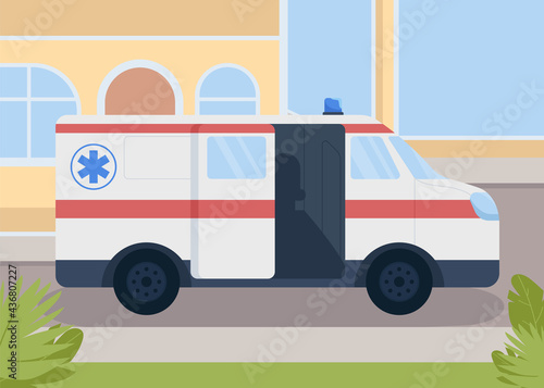 Medical transportation flat color vector illustration. Healthcare service. Paramedics transport. Early medical care. Ambulance 2D cartoon emergency response car with hospital on background