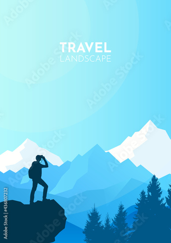 A guy stands on top of a mountain and looks through binoculars. Flat style illustration. Travel concept of discovering, exploring and observing nature. Hiking. Adventure tourism. Polygonal design.