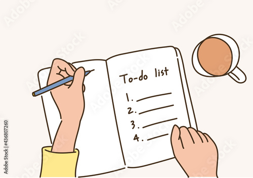 A hand writing a to-do list in a notebook. hand drawn style vector design illustrations. 