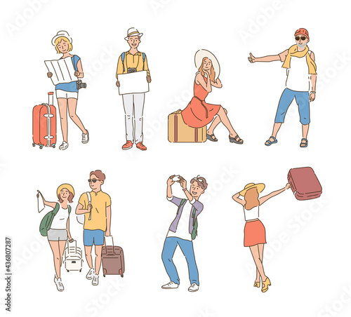 Tourists with suitcases. hand drawn style vector design illustrations. 