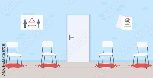 Social distancing in public area flat color vector illustration. Safety measures. Comfortable environment for visitors. Spacious 2D cartoon waiting room with covid precautions posters on background
