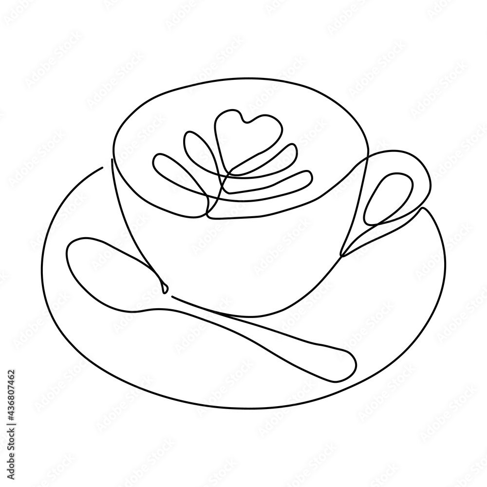 Continuous one line drawing with cup of coffee. Contemporary vector illustration on white background. Black line art on white background. Continuous one line drawing with cup of coffee. Contemporary vector illustration on white background. Black line art on white background.
