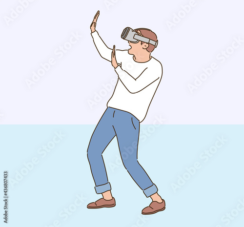 A man is wearing VR glasses and making a surprised gesture.  hand drawn style vector design illustrations. 