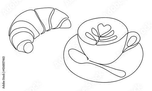 Continuous one line drawing with cup of coffee and croissant. Contemporary vector illustration on white background. Black line art on white background.