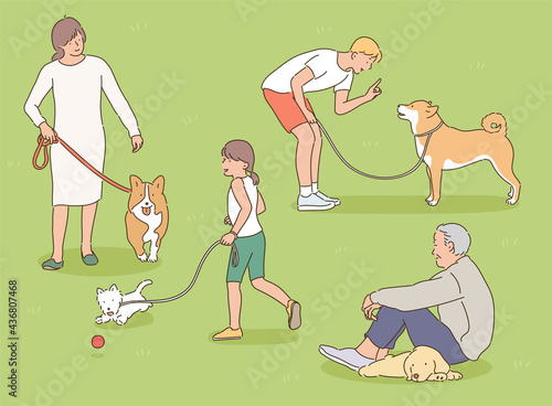 People are taking a walk in the park with their dogs. hand drawn style vector design illustrations. 
