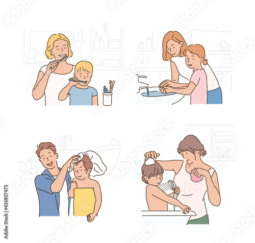 Parents are helping their children brush their teeth, wash their hands and take a shower.