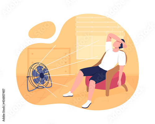 Cooling home at summer 2D vector isolated illustration. Lowering body temperature. Man suffering from summer heat flat character on cartoon background. Sunstroke avoiding colourful scene