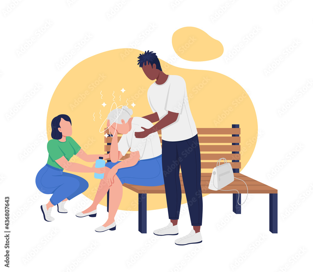 Heat stroke in elderly 2D vector isolated illustration. Older adult