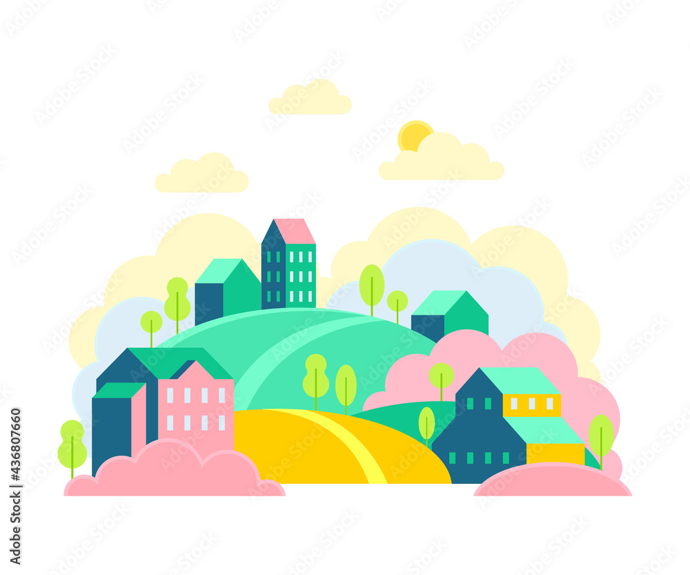 Urban Landscape or Cityscape with Houses, Hills and Trees Vector Illustration Urban Landscape or Cityscape with Houses, Hills and Trees Vector Illustration