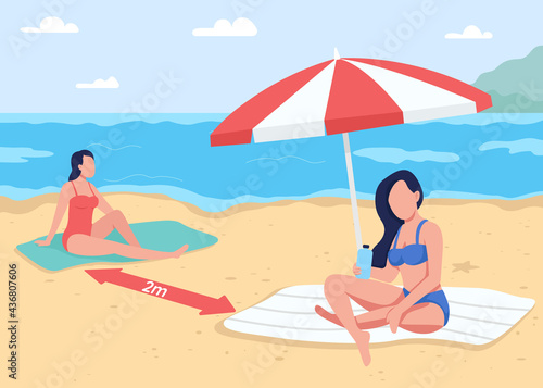 Social distancing at beach flat color vector illustration. Summer vacation. Keep 2m apart from other people. Sunbathing young women 2D cartoon faceless characters with seascape on background