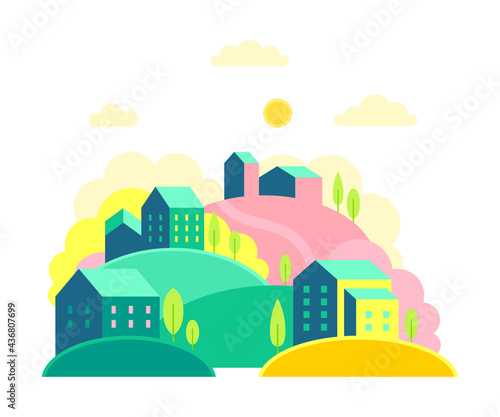 Urban Landscape or Cityscape with Houses, Hills and Trees Vector Illustration