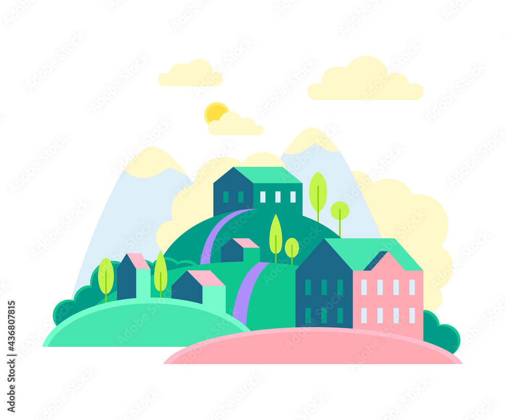 Urban Landscape or Cityscape with Houses, Hills and Trees Vector Illustration