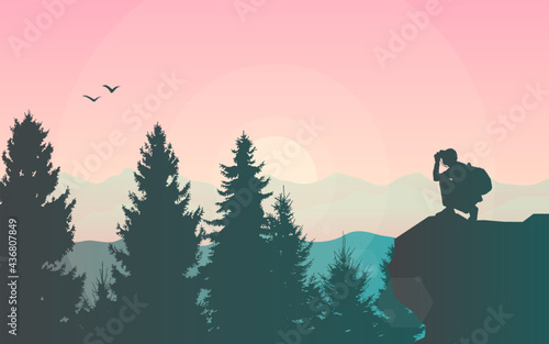A guy squats on top of a mountain and looks through binoculars. Vector illustration. Travel concept of discovering, exploring and observing nature. Hiking. Adventure tourism. Polygonal flat design.