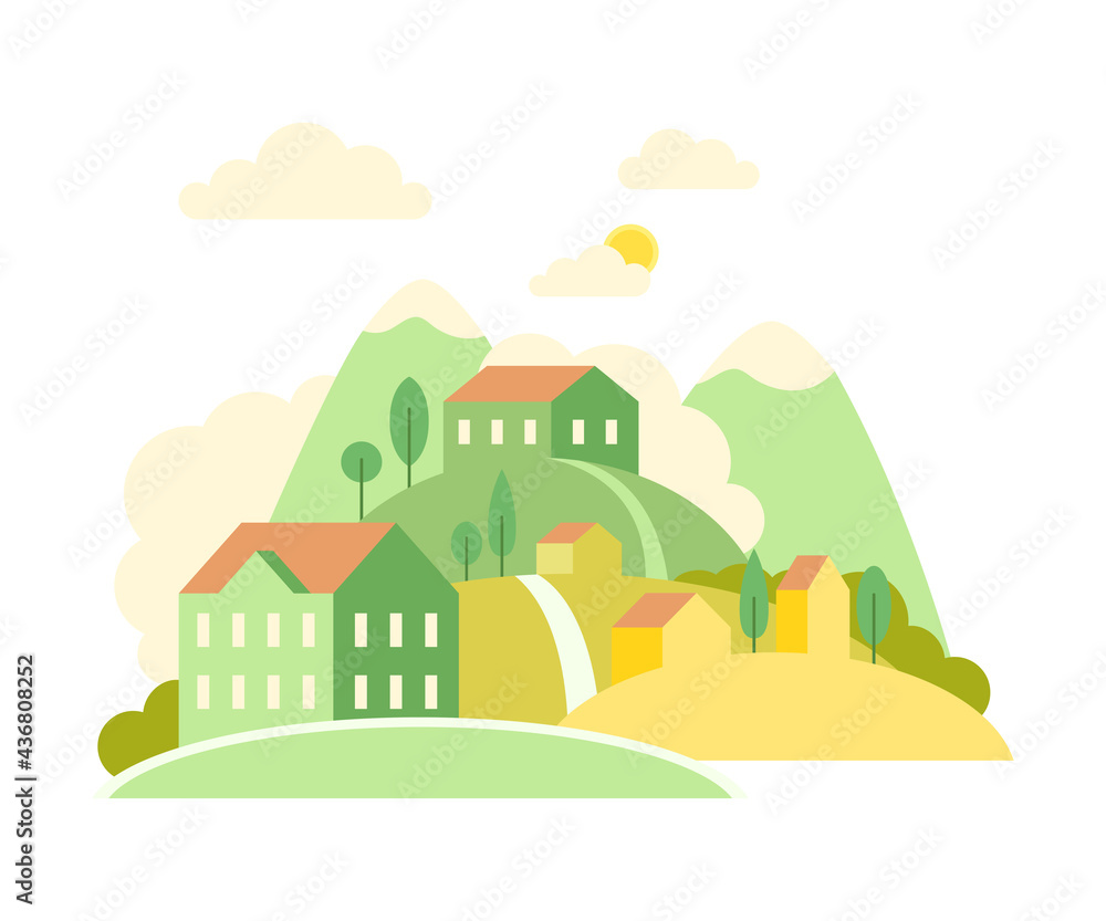 Local Landscape with Urban Houses, Hills and Trees as Cozy Scenery of Neighborhood Vector Illustration
