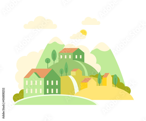 Local Landscape with Urban Houses, Hills and Trees as Cozy Scenery of Neighborhood Vector Illustration