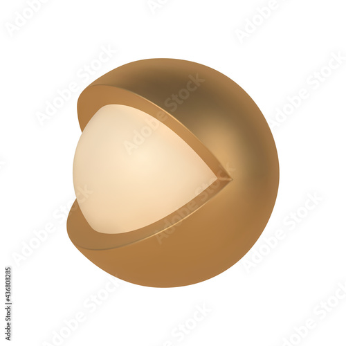 Golden abstract 3d open eye vector template. Decorative metal decoration ball with cutout and second sphere inside.