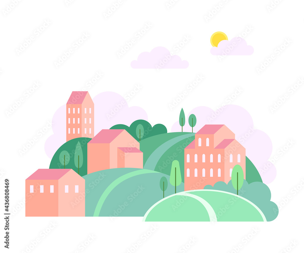 Naklejka premium Green Hills with Local Houses as Cozy Cityscape or Urban Landscape Vector Illustration