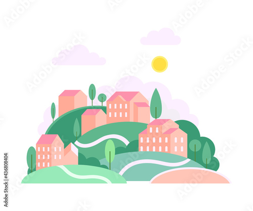 Green Hills with Local Houses as Cozy Cityscape or Urban Landscape Vector Illustration