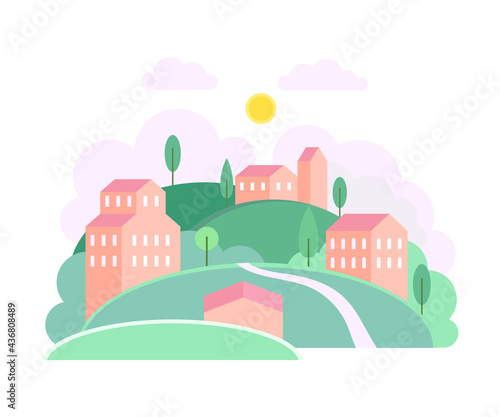 Green Hills with Local Houses as Cozy Cityscape or Urban Landscape Vector Illustration