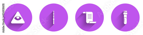 Set Masons, Magic wand, Ancient magic book and Bottle with potion icon with long shadow. Vector