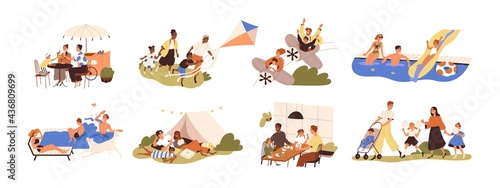 Set of happy families with children during outdoor recreation activities on summer holidays. Parents and kids eating, resting and playing together. Flat graphic vector illustration isolated on white