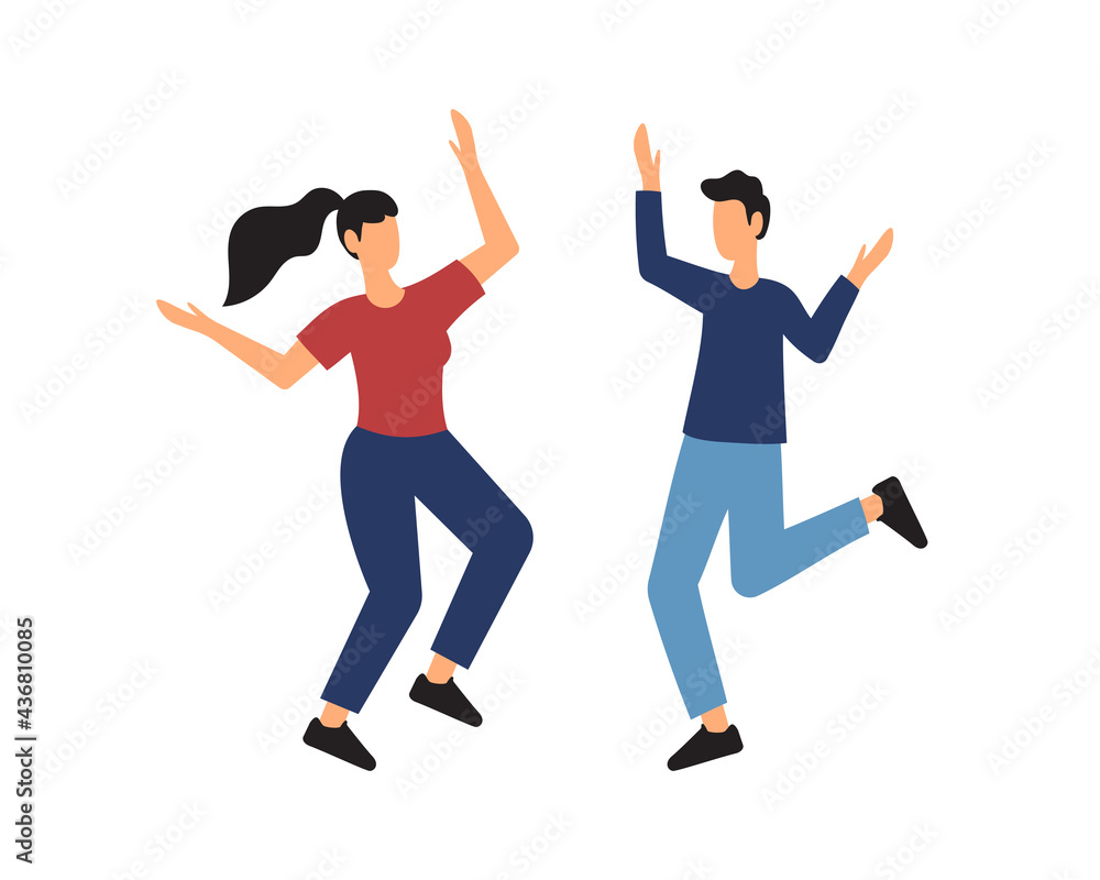 The concept of young people jumping on a white background. Stylish modern vector illustration with happy teenage boy and girl.