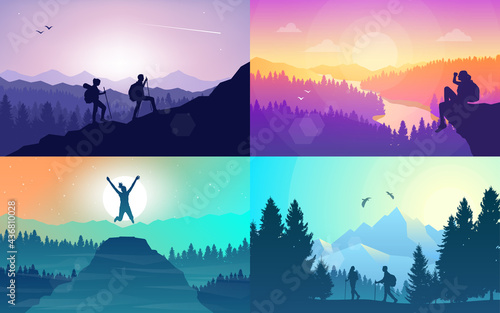 Man watches nature, climbing to the top, friends going hike, teamwork, support of friends. Vector landscapes set. Travel concept of discovering, exploring, observing nature. Hiking. Adventure tourism.