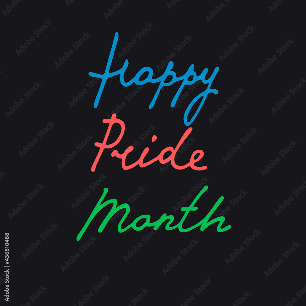 Happy Pride Month handwritten greeting. Hand-lettered rainbow-colored logo on dark blue background