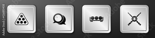 Set Billiard balls in rack triangle, Bowling, on stand and Crossed billiard cues icon. Silver square button. Vector