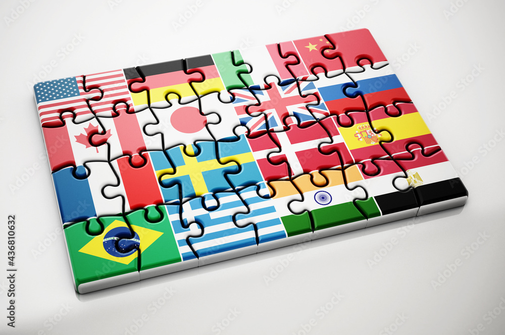 Country flags on jigsaw puzzle pieces. 3D illustration Country flags on jigsaw puzzle pieces. 3D illustration