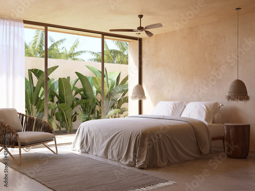 3d rendering of a beige atmospheric relaxed boheme Tulum style summer bedroom with textured plastering on the walls and exotic palm trees 