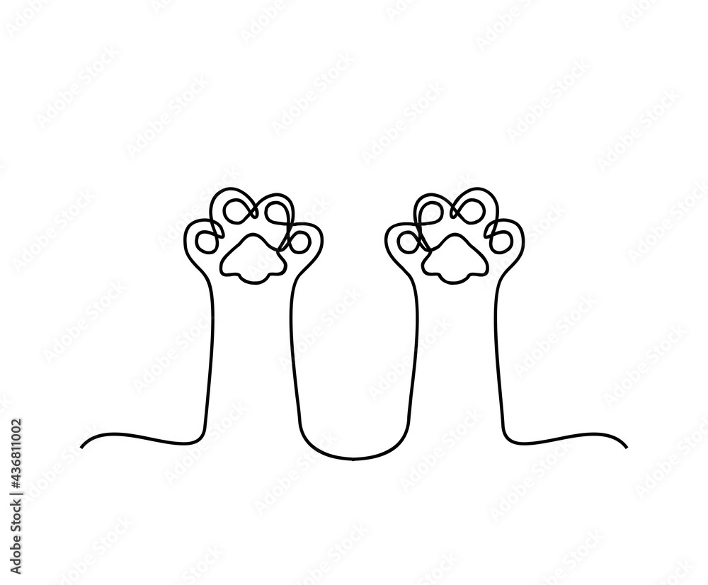 Continuous line art drawing of cat paw. Minimalist black outline art