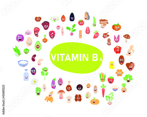 Vitamins in products. Image of food products containing vitamins B6. Vitamins in food. A healthy and nutritious diet.