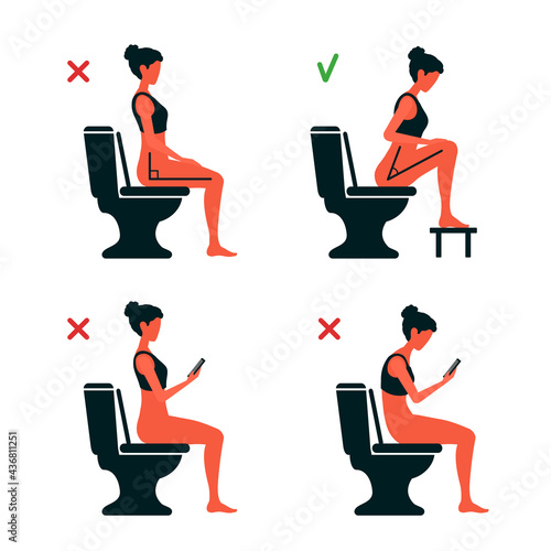 The correct and incorrect body posture of sitting on the toilet in the WC. The torso position angle 90 or 35 degrees. Good and bad. A right comfort posture. Comparison.

