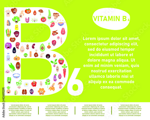 Vitamins in products. Vitamins of group b6 in food. Infographics depicting cartoon food. Template with an empty place for your text. Healthy and nutritious food.