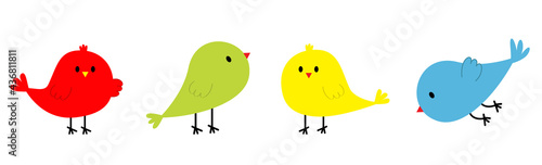 Bird set icon line. Cute cartoon kawaii character. Birds baby collection. Standing, flying, singing song chick animal. Sticker template. Decoration element. Flat design. White background.