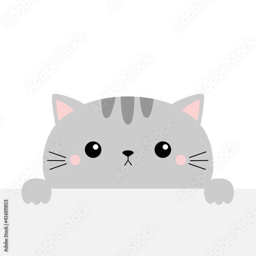 Gray cat holding empty paper, table. Cute cartoon kawaii funny kitten kitty hiding behind paper wall. Typography print template. Flat design. White background. Isolated.